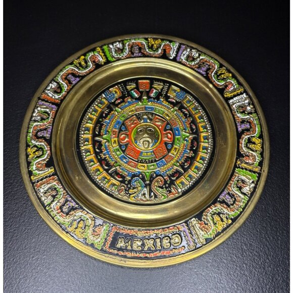 Other - Vintage Mayan Aztec Sun Calendar Plate Brass Enamel Mexico Intricate Raised Art